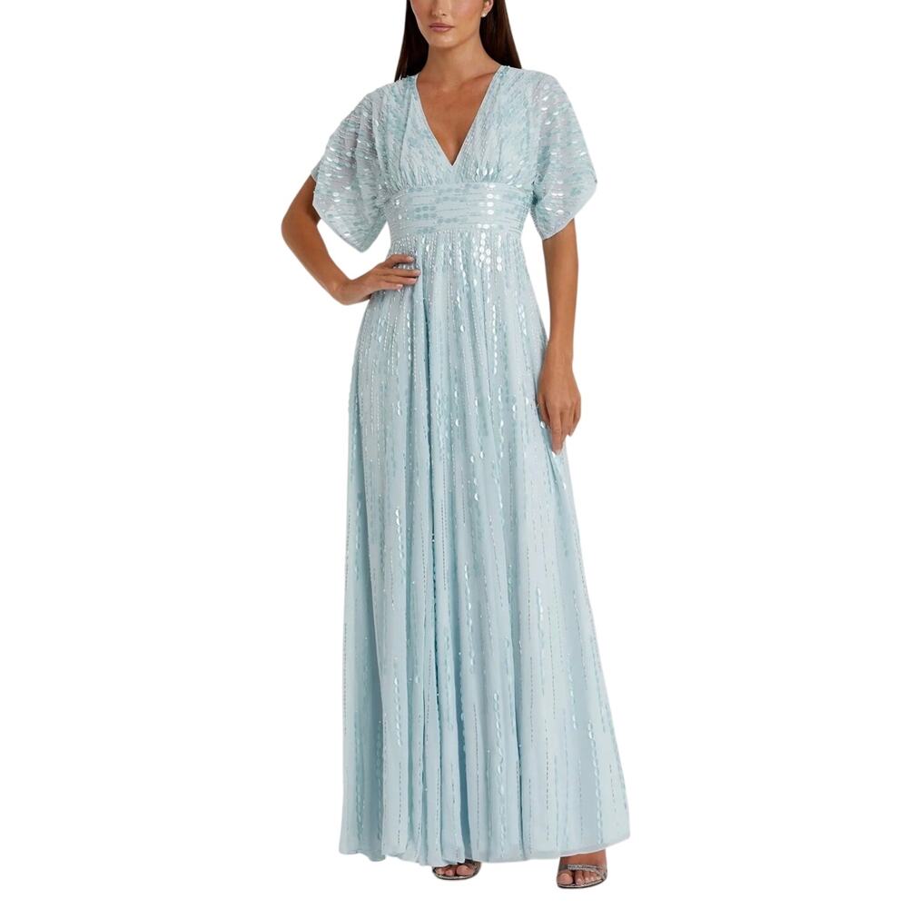 Mac Duggal 10807 Blue Evening Gown Beaded Chiffon Long A-Line Dress Size 18